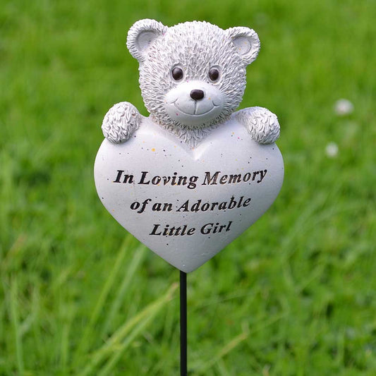 Little girl teddy bear heart memorial tribute stick