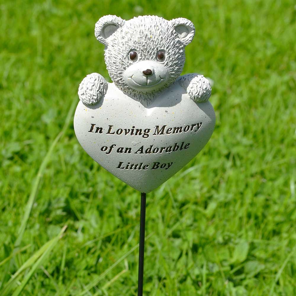 Adorable Little Boy teddy bear heart memorial tribute stick
