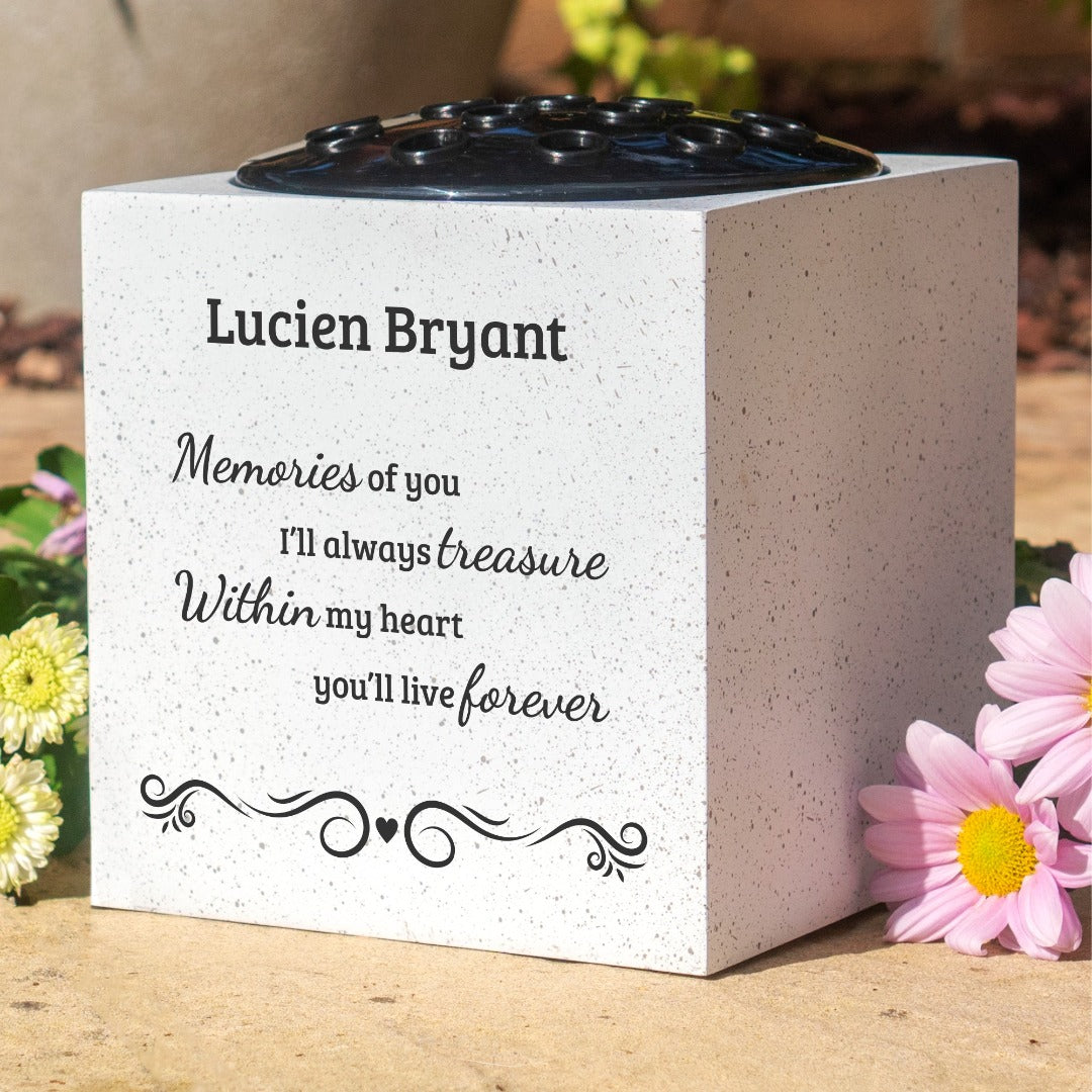 Handmade Personalised Treasured Memories Memorial Graveside White Flower Rose Bowl Vase Pot
