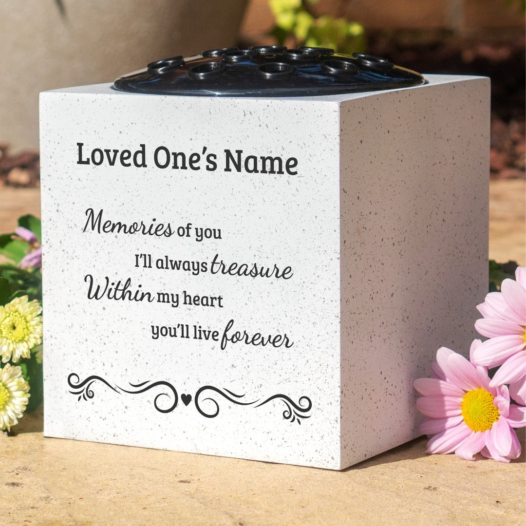 Handmade Personalised Treasured Memories Memorial Graveside White Flower Rose Bowl Vase Pot