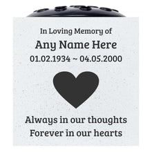 Load image into Gallery viewer, Personalised Love Heart Always in our thoughts, Forever in our hearts Memorial Flower Vase