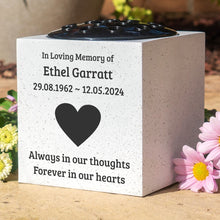 Load image into Gallery viewer, Personalised Love Heart Always in our thoughts, Forever in our hearts Memorial Flower Vase