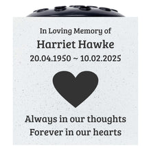 Load image into Gallery viewer, Personalised Love Heart Always in our thoughts, Forever in our hearts Memorial Flower Vase