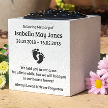 Load image into Gallery viewer, Personalised Baby Memorial Grave Vase with Footprints ? Custom Cemetery Flower Pot, Graveside Plaque Marker, Remembrance Rose Bowl for Infant Loss Tribute