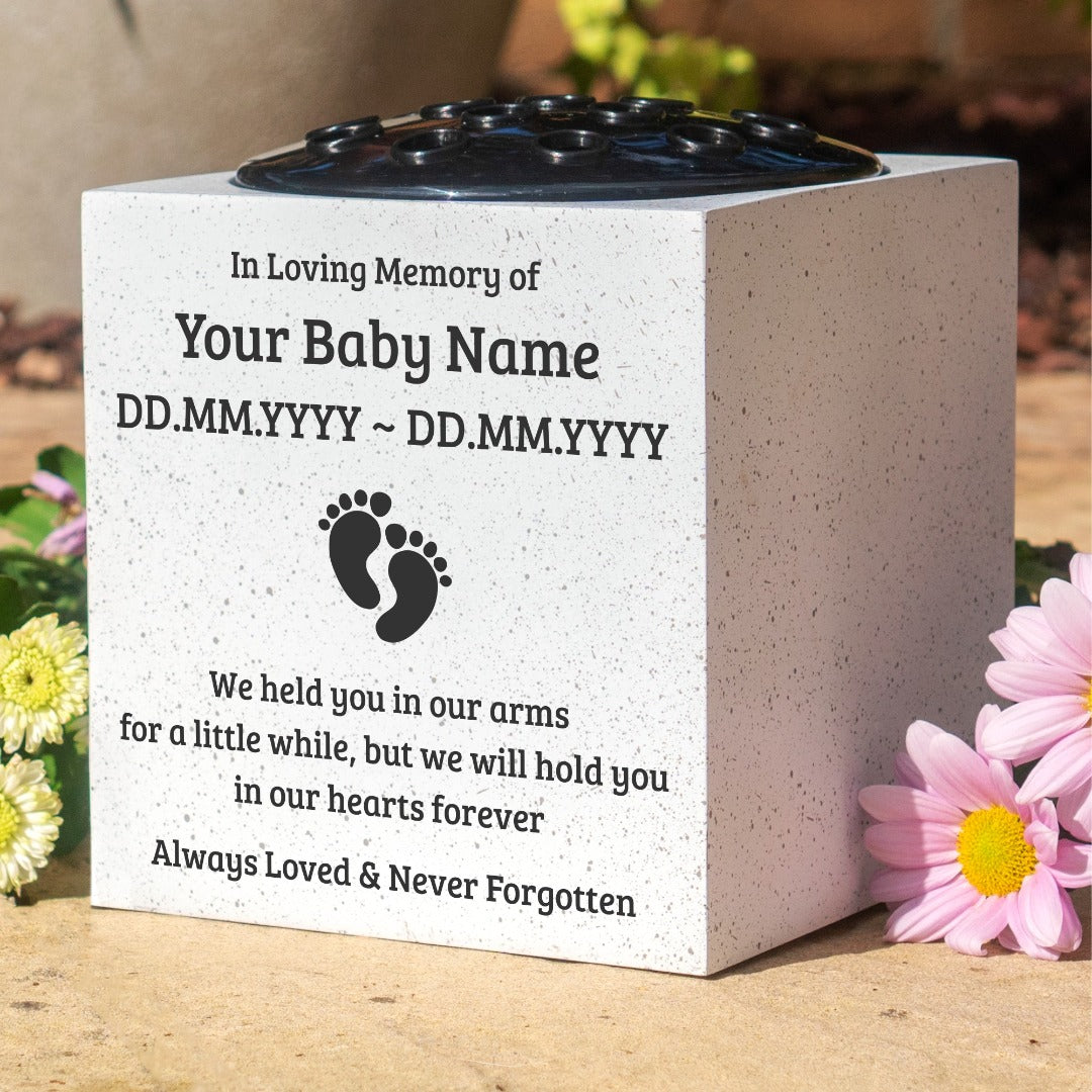 Personalised Baby Memorial Grave Vase with Footprints ? Custom Cemetery Flower Pot, Graveside Plaque Marker, Remembrance Rose Bowl for Infant Loss Tribute