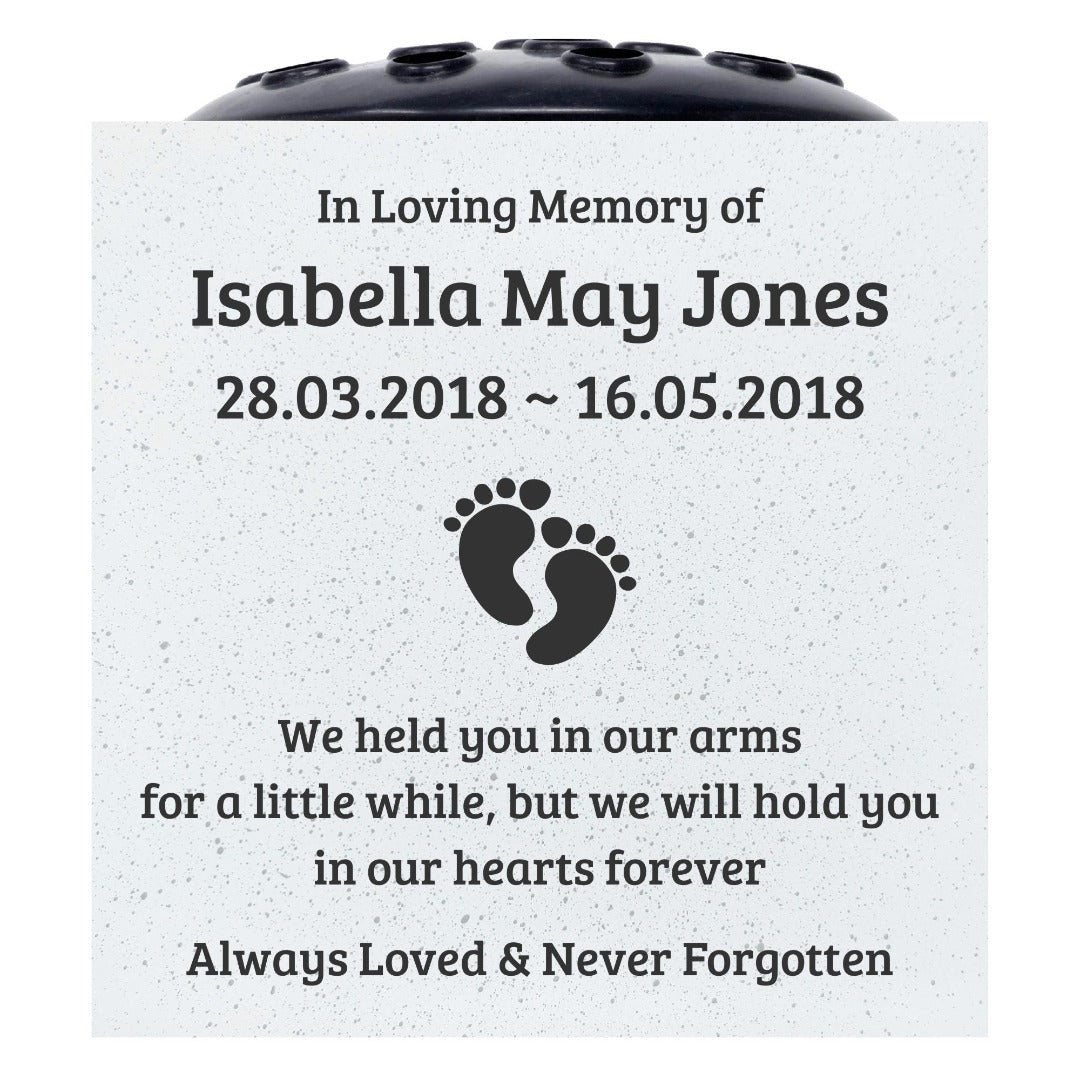 Personalised Baby Memorial Grave Vase with Footprints ? Custom Cemetery Flower Pot, Graveside Plaque Marker, Remembrance Rose Bowl for Infant Loss Tribute