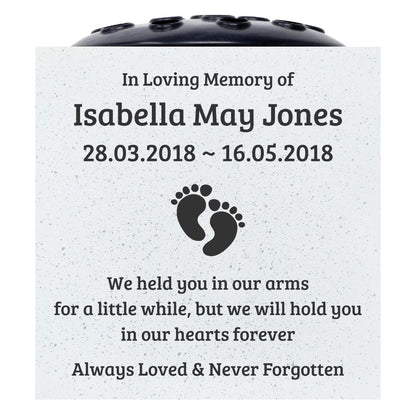 Personalised Baby Memorial Grave Vase with Footprints ? Custom Cemetery Flower Pot, Graveside Plaque Marker, Remembrance Rose Bowl for Infant Loss Tribute