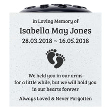 Load image into Gallery viewer, Personalised Baby Memorial Grave Vase with Footprints ? Custom Cemetery Flower Pot, Graveside Plaque Marker, Remembrance Rose Bowl for Infant Loss Tribute