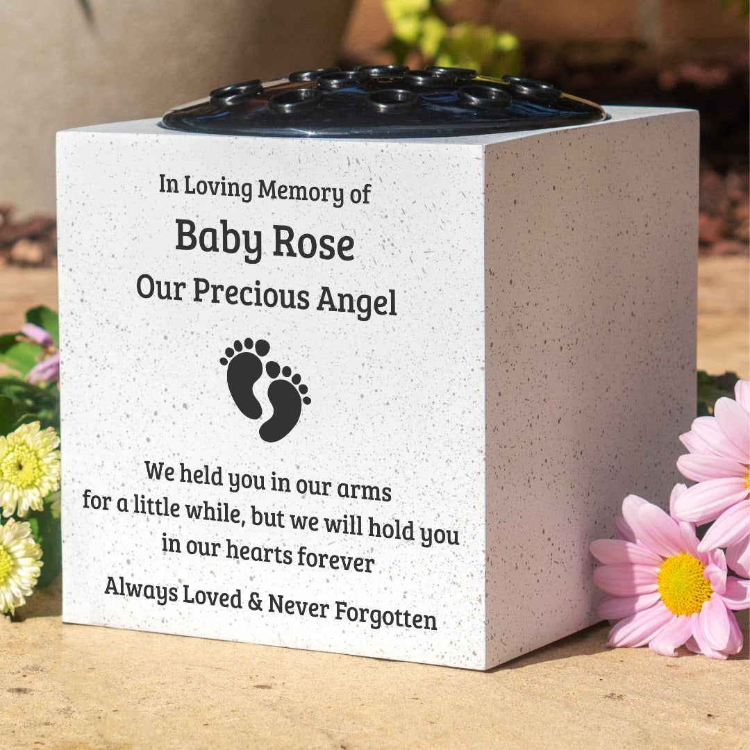 Personalised Baby Memorial Grave Vase with Footprints ? Custom Cemetery Flower Pot, Graveside Plaque Marker, Remembrance Rose Bowl for Infant Loss Tribute