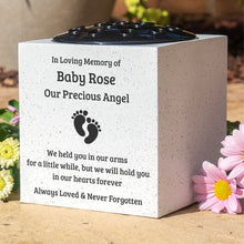 Load image into Gallery viewer, Personalised Baby Memorial Grave Vase with Footprints ? Custom Cemetery Flower Pot, Graveside Plaque Marker, Remembrance Rose Bowl for Infant Loss Tribute