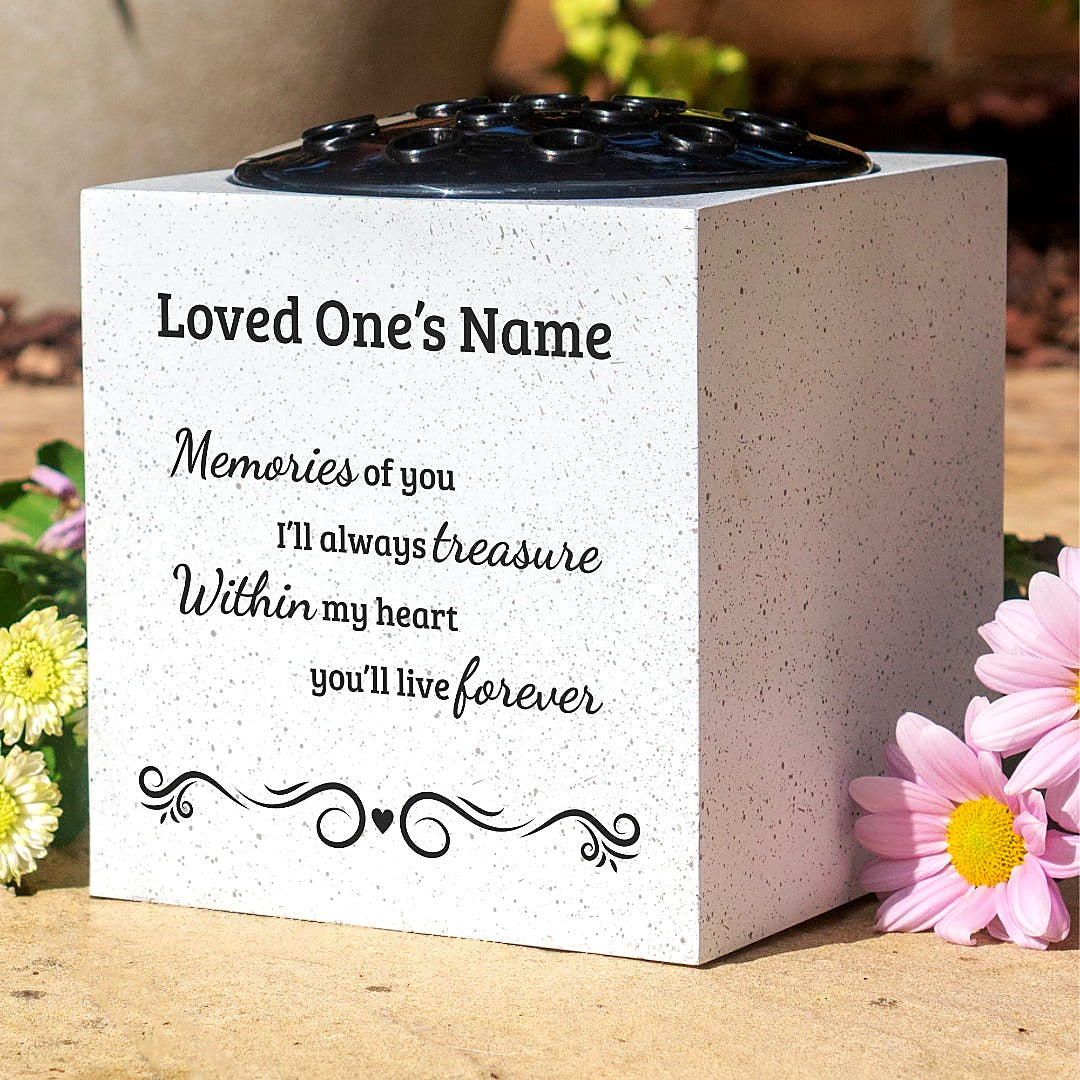 Handmade Personalised Treasured Memories Memorial Graveside White Flower Rose Bowl Vase Pot