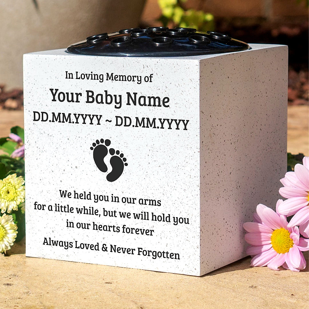 Personalised Baby Memorial Grave Vase with Footprints - Custom Cemetery Flower Pot, Graveside Plaque Marker, Remembrance Rose Bowl for Infant Loss Tribute