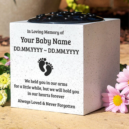 Personalised Baby Memorial Grave Vase with Footprints - Custom Cemetery Flower Pot, Graveside Plaque Marker, Remembrance Rose Bowl for Infant Loss Tribute