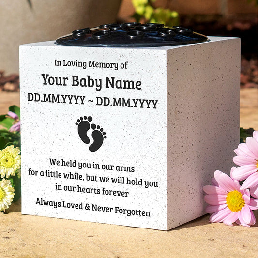 Personalised Baby Memorial Grave Vase with Footprints - Custom Cemetery Flower Pot, Graveside Plaque Marker, Remembrance Rose Bowl for Infant Loss Tribute