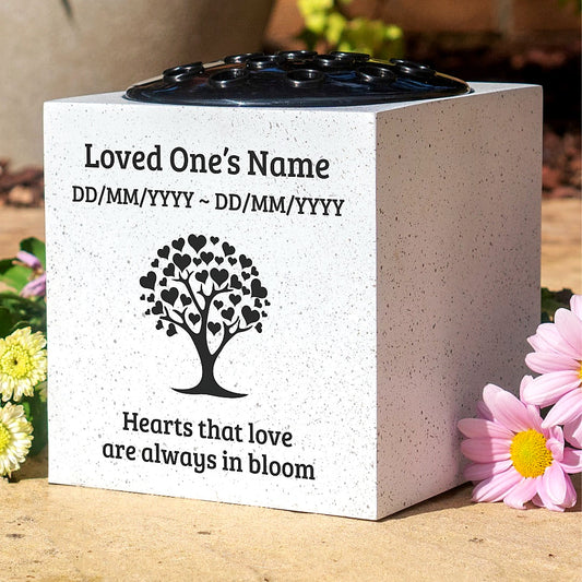 Personalised Memorial Vase - Hearts That Love Are Always in Bloom Graveside Flower Tribute