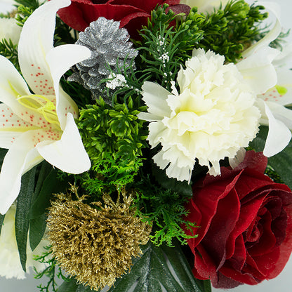 Star Christmas red rose and white lily artificial grave flowers close up