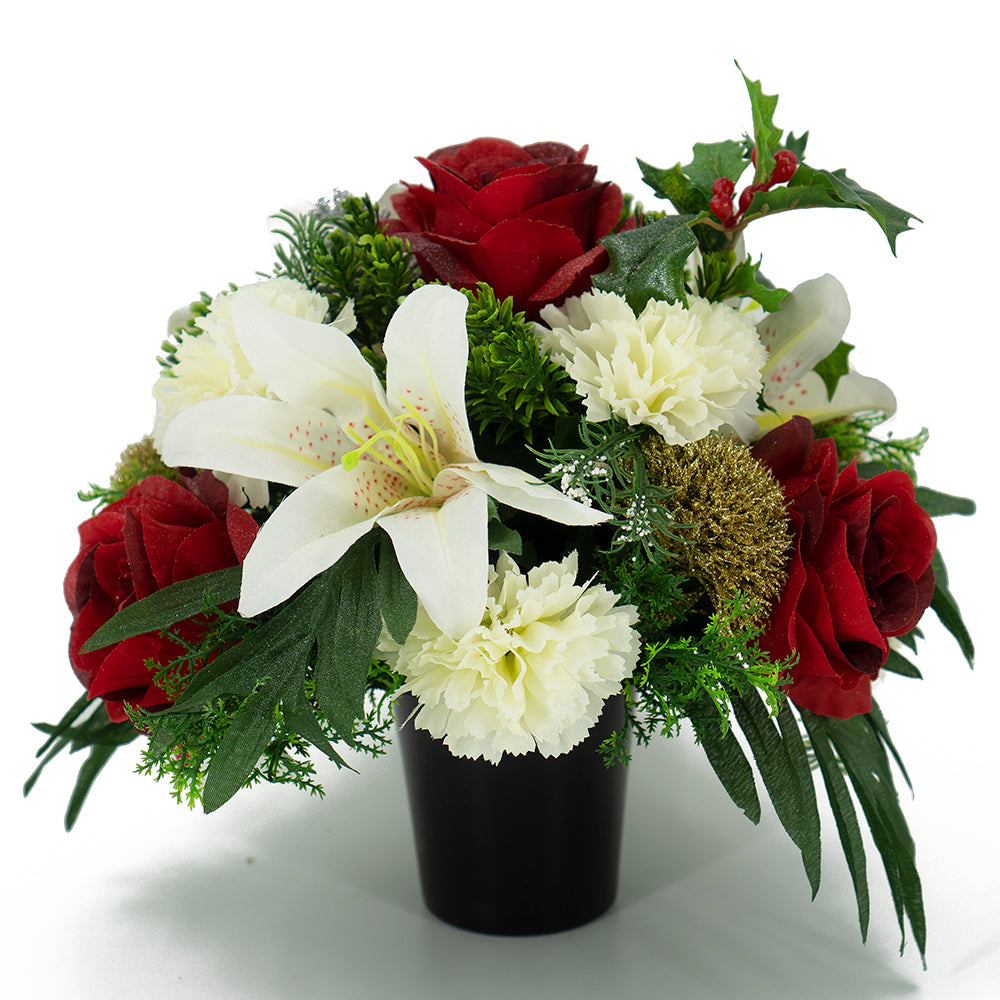 Star Christmas red rose and white lily artificial grave flowers front view