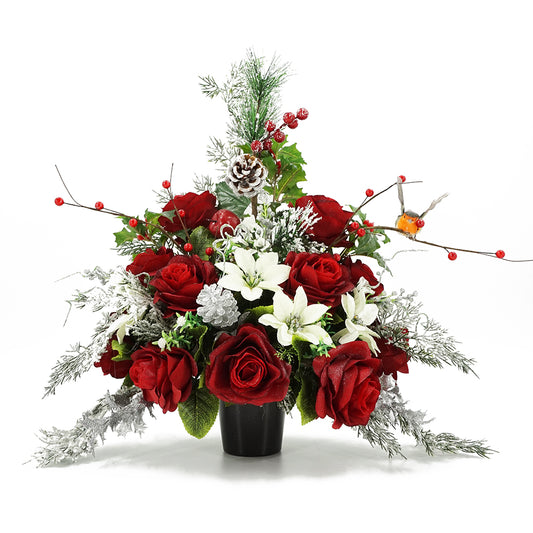 Robin Christmas Red Artificial Flower Memorial Arrangement