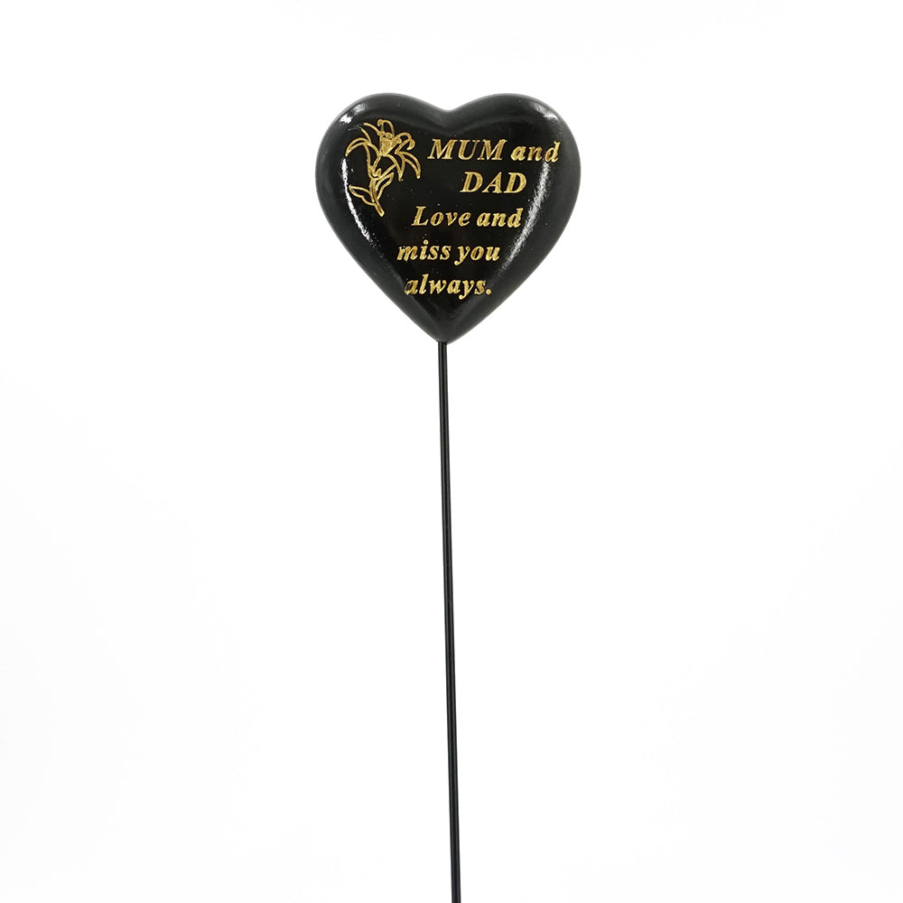 Special Mum & Dad Black & Gold Lily Heart Remembrance Stick