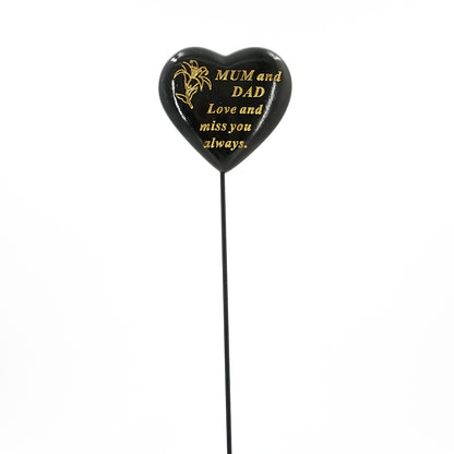Special Mum & Dad Black & Gold Lily Heart Remembrance Stick