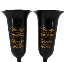 Load image into Gallery viewer, Set of 2 Black and Gold Forever in Our Hearts Fluted Spiked Memorial Grave Flower Vases