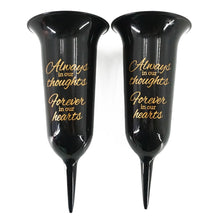 Load image into Gallery viewer, Set of 2 Black and Gold Forever in Our Hearts Fluted Spiked Memorial Grave Flower Vases