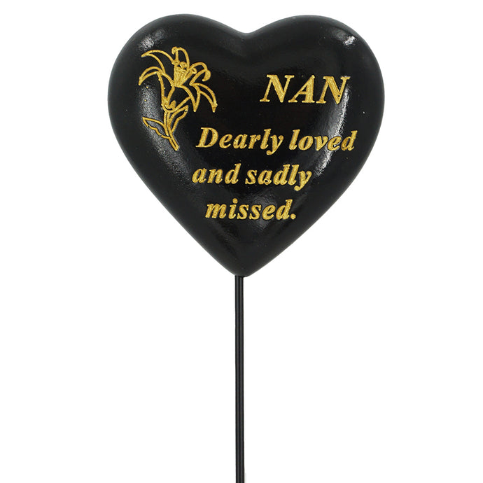 Special Nan Black & Gold Lily Heart Remembrance Stick