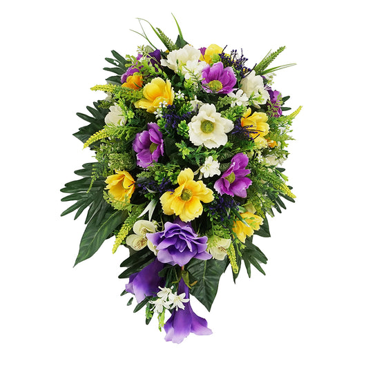 Purple & Yellow Lily Daisy Teardrop Graveside Memorial Flower Arrangement