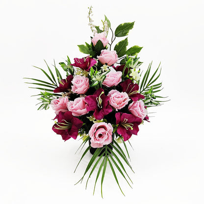 Rose & Lily Artificial Flower Graveside Cemetery Memorial Arrangement