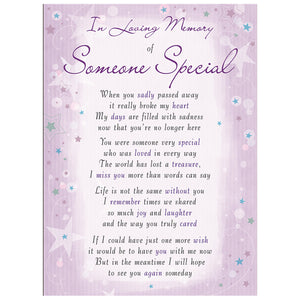 Someone Special Memorial Remembrance Verse Plastic Coated Card