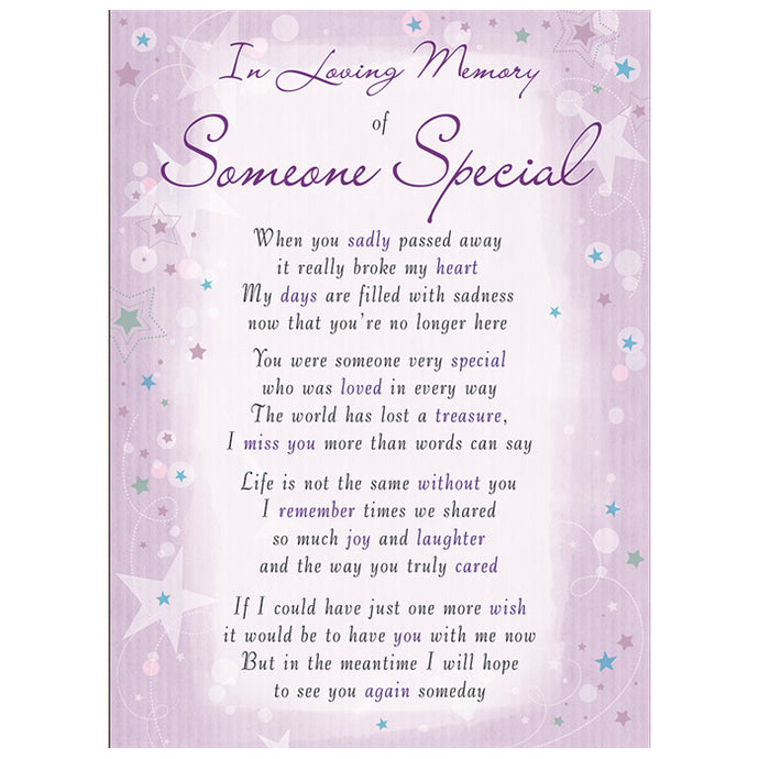 Someone Special Memorial Remembrance Verse Plastic Coated Card