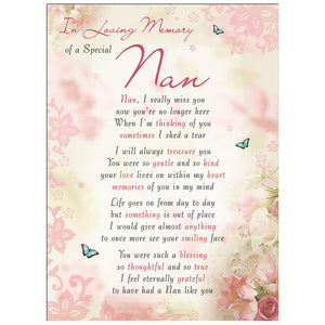 Special Nan Memorial Remembrance Verse Plastic Coated Grave Graveside Card