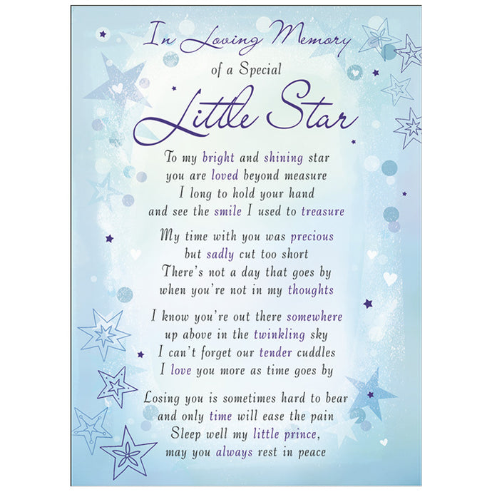 Little Star Baby Child Memorial Remembrance Verse Plastic Coated  Card