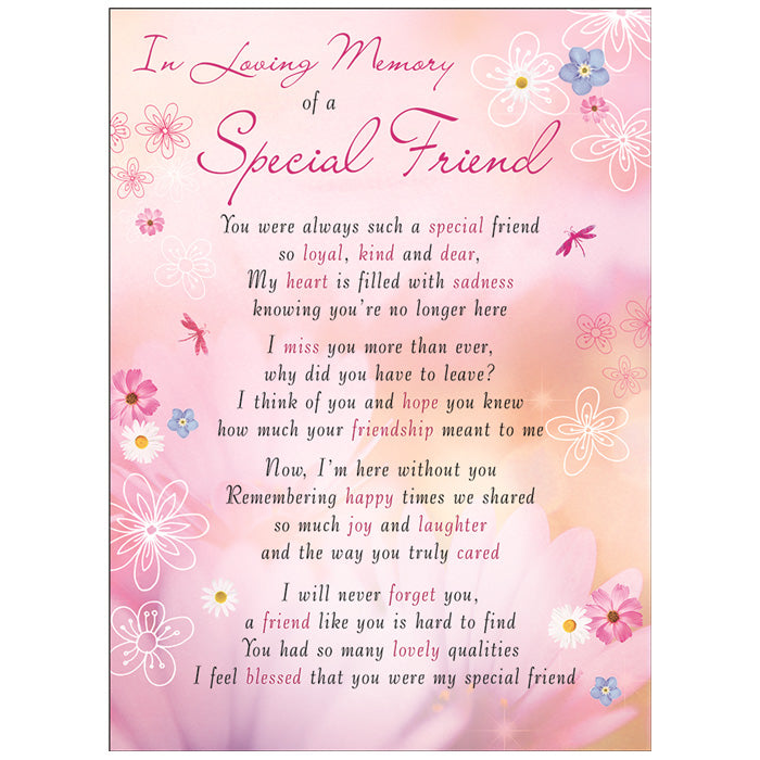 Special Friend Memorial Remembrance Verse Plastic Coated Card