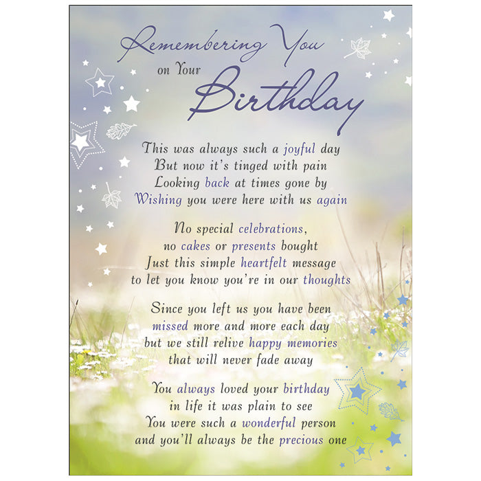 Remembering You on Your Birthday Memorial Remembrance Verse Plastic Coated Card