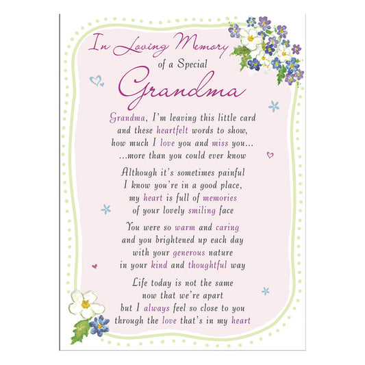 Special Grandma Memorial Remembrance Verse Plastic Coated Card