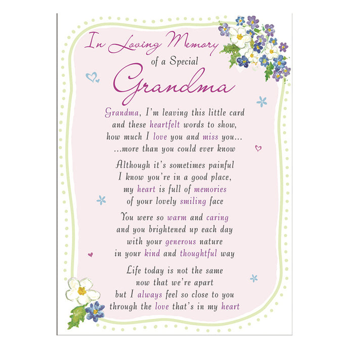 Special Grandma Memorial Remembrance Verse Plastic Coated Card