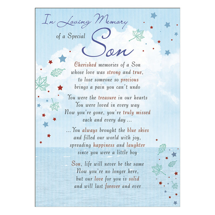 Special Son Memorial Remembrance Verse Plastic Coated Card