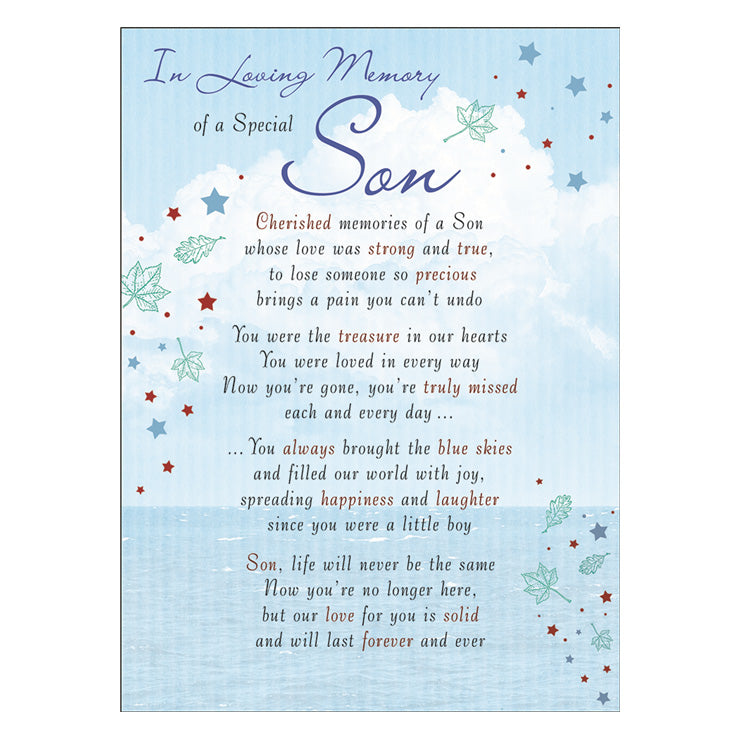 Special Son Memorial Remembrance Verse Plastic Coated Card