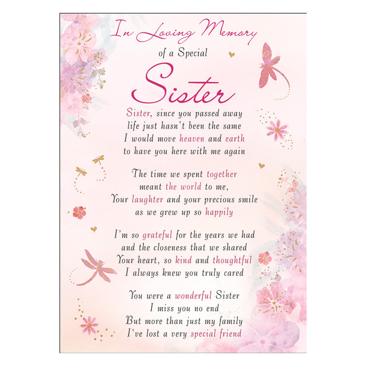 Special Sister Memorial Remembrance Verse Plastic Coated Grave Graveside Card