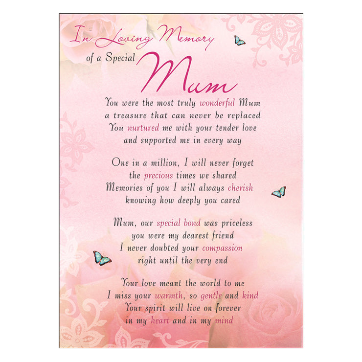 Special Mum Memorial Remembrance Verse Plastic Coated Card