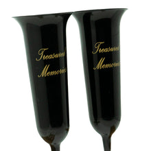 Load image into Gallery viewer, Set of 2 Tall Black and Gold Treasured Memories Fluted Spiked Memorial Grave Flower Vases (31cm)