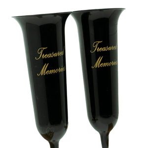 Set of 2 Tall Black and Gold Treasured Memories Fluted Spiked Memorial Grave Flower Vases (31cm)