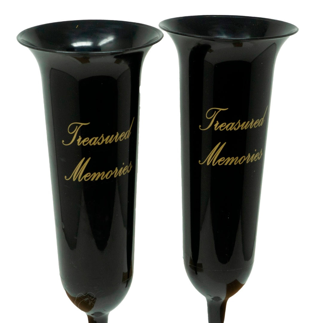 Set of 2 Tall Black and Gold Treasured Memories Fluted Spiked Memorial Grave Flower Vases (31cm)