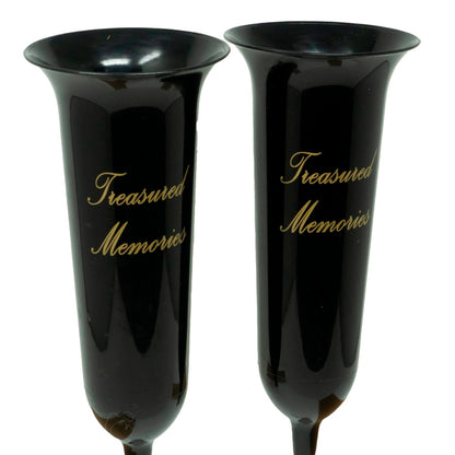 Set of 2 Tall Black and Gold Treasured Memories Fluted Spiked Memorial Grave Flower Vases (31cm)