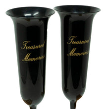 Load image into Gallery viewer, Set of 2 Tall Black and Gold Treasured Memories Fluted Spiked Memorial Grave Flower Vases (31cm)