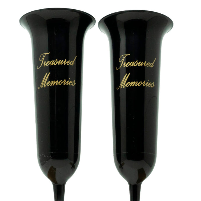 Set of 2 Tall Black and Gold Treasured Memories Fluted Spiked Memorial Grave Flower Vases (31cm)