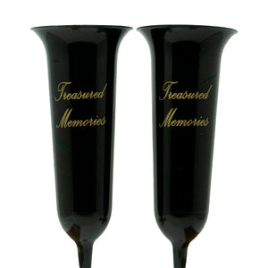 Set of 2 Tall Black and Gold Treasured Memories Fluted Spiked Memorial Grave Flower Vases (31cm)