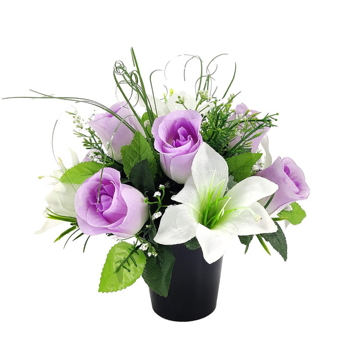 Edna Purple Rose & White Lily Flower Memorial Arrangement