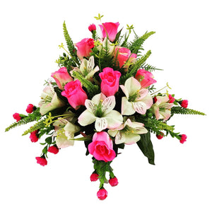 Pia Pink & White Rose & Lily Artificial Flower Graveside Cemetery Memorial Arrangement